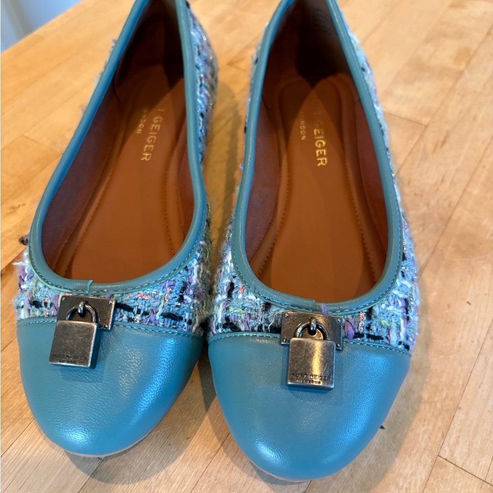 Kurt Geiger Teal and Multicolor Tweed Flats- Brand new without tags